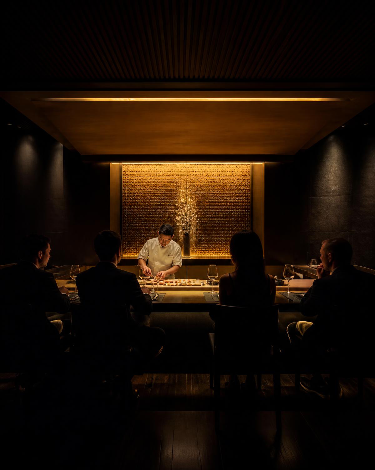 Cena corporativa privada con barra gastronómica iluminada